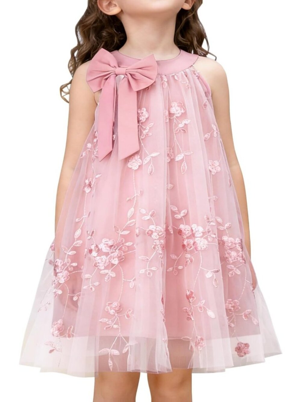 Charming Flower Girl Dress with Embroidered Tulle, Halter Neck & Bow, 3-8Y